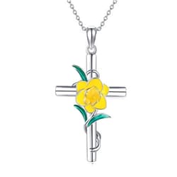 JERWLI Flower Cross Necklace 925 Sterling Silver Carnation/Rose/Lily/Daisy Cross Necklace Birth Flower Jewelry for Women