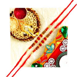 Vibrant-Gujarat Set of 2 Rakhi Redraksha golden fancy beads yellow spring multi colored thread Rakhi Raksha bandhan - Rakhi for brother