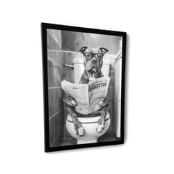 GZJBJITQ Pitbull Sitting On Toilet Wall Art Pitbull Dog Reading Newspaper Black And White Print Funny Dog Poster Funny Bathroom Wall Decor Suitable For Children's Bedroom Decoration