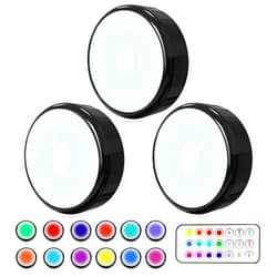 HELPLEX Puck Lights with Remote, Colors Changeable LED Puck Light Battery Powered Dimmable Under Cabinet Lights Wireless Under Counter Light RGBW Push Light, Timing & Memory Function, Black, 3 Pack
