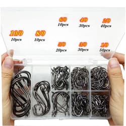 DAMIDEL 200Pcs/Box（Size:10/0... to...1/0 Strong Octopus Fishing Hooks, Forged Steel/Barded Design, Off-Set Point/Closed Eye, Strong/Sturdy, 10/0 8/0 6/0 5/0 4/0 3/0 2/0 1/0 Mixed Packaging