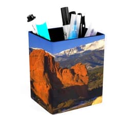 FekiLoot Pikes Peak Colorado Pen Holder for Desk PU Leather Square Pens Pencils Holder Cup Modern Design Desktop Stationery Organizer Makeup Brush Holders Cup for Office Home Supplies
