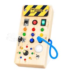 Hoarosall montessori toddler busy board, baby wooden busy board with 8 LED light switches, sensory toys light switch toys travel toys for 1+ year old baby and toddler