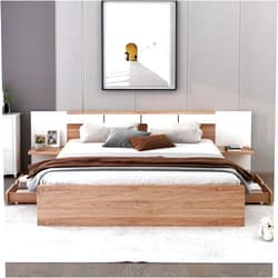 Voqoomkl Queen Size Bed Frame with Headboard and Drawers, Solid Wood Platform Bed with Shelves, USB Ports and Sockets, Queen Platform Bed for Bedroom, No Box Spring Needed, Natural