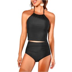 Eomenie Womens Tankini Swimsuit Tummy Control Halter Slimming Two Piece Bathing Suit with High Waisted Bottom