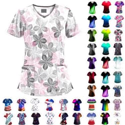 BDNXTV Scrubs for Women V Neck Short Sleeve Printed Tops Cartoon Pattern Plus Size Nursing with Pockets