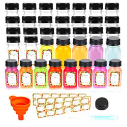 Z-synka 36PCS 4oz Plastic Juice Bottles for Juicing,with Leak-Proof Caps Lids Empty Reusable Clear Bottles with 36pcs Label,Funnel,Brush,Ginger Shot Bottles with Caps,Juice Milk Beverages Shot Bottle