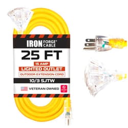 IRON FORGE CABLE 25 Foot Lighted Outdoor Extension Cord with 3 Electrical Power Outlets - 10/3 SJTW Yellow 10 Gauge Extension Cable with 3 Prong Grounded Plug for Safety, 15 AMP