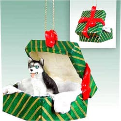 Conversation Concepts Siberian Husky Gift Box Christmas Ornament Black -White Blue Eyes - Delightful! - Made with Resin
