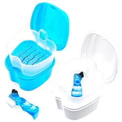 Keedolla 2 Pack Cute Denture Cups Denture Bath Container for Soaking False Teeth, Denture Storage Container Soaking Bath Case with 2 Brush - Blue and White