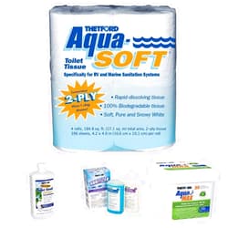Thetford Aqua-Soft Toilet Tissue with Thetford RV Toilet Seal Lube and Conditioner with Fresh Water Tank Detergent and Sanitizer Treatment with Thetford AquaMAX® Summer Cypress Scent RV Holding Tank Treatment