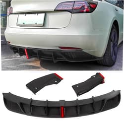 FLAMPETUS Rear Diffuser Bumper Lip Fit 2017-2023 Tesla Model 3, Matte Carbon Fiber ABS Bumper Cover Rear Protector Guard Aprons 3PCS Spoiler Splitter with Brake Light