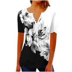 Ceboyel Women Short Sleeve Summer Tops 2023 Floral T Shirts Button V Neck Causal Blouses Trendy Dressy Ladies Fashion Clothes