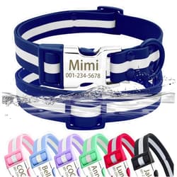 Senristar Personalized Waterproof & Reflective Dog Collar with Name Plate,Custom Easy Clean PVC Dog Collar with Buckle Engraved ID Name and Number (L(Width:1.0'', Fit 14.5''-23.0''),Navy Blue)