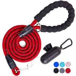 Gorilla Grip Heavy Duty Dog Leash, Soft Handle, Strong Reflective Rope for Night Pet Walking, Small Medium Large Animals, Durable Puppy Training Leashes, Rotating Metal Clip, Waste Bag Dispenser, Red