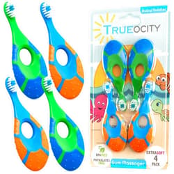 Trueocity Baby Toddler Toothbrush 4 Pack, Soft Bristles, Teething Finger Handle Toothbrushes for 0-2 Years - Training First Set (Blue, Green, Orange) - BPA Free