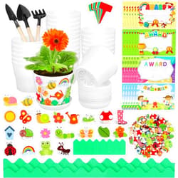 Elcoho 24 Packs Garden Plastic Pot Craft Kit Plant Spring Craft Kits for Kids Flower Pots with 150 Foam Stickers 36 Labels 24 Certificate of Awards 3 Tools Planting Growing Kit for Kids