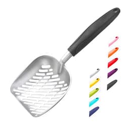 WePet Cat Litter Scoop, Aluminum Alloy Sifter, Kitty Metal Scooper, Deep Shovel with Diagonal Sifting Hole, Long Handle, Kitten Poop Lifter for Litter Box, Medium Size, Black Handle