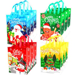 SULOLI 12 Pack Large Christmas Tote Bags with Handles, Reusable Gift Bag Non-Woven Grocery Shopping Totes for Holiday Xmas Party Supplies