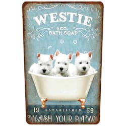 MATLPATS Metal Tin Sign Dog Retro Metal Tin Sign Westie Co.Bath Soap Wash Your Paws Funny Poster Cafe Bathroom Toilet Living Room Kitchen Home Art Wall Decoration Plaque Gift 12x8 Inch