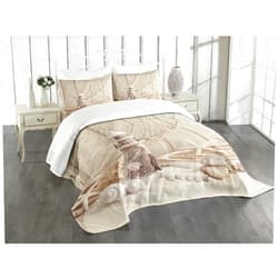 Ambesonne Fishing Net Bedspread, Marine Theme Sea Stars and Shells Underwater Life Wooden Lighthouse Print, Decorative Quilted 3 Piece Coverlet Set with 2 Pillow Shams, Queen Size, Beige Cream