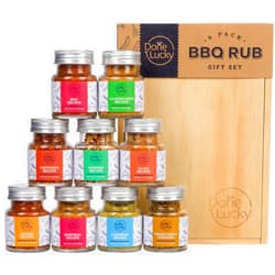 Done Lucky BBQ Rub Gift Set - Spice Gift Set in Premium Wooden Box - Great Grilling Gift for Father’s Day, Christmas, Birthday for Him, Dad, Men, or Her - Unique Barbecue Seasonings (Set of 9)