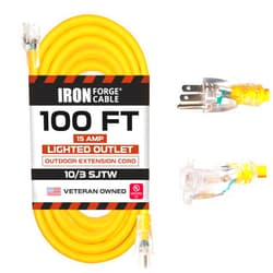 Iron Forge Cable 100 Foot Lighted Outdoor Extension Cord - 10/3 SJTW Yellow 10 Gauge Extension Cable with 3 Prong Grounded Plug for Safety, 15 AMP - Great for Garden and Major Appliances