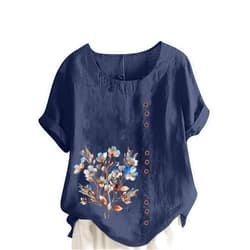 Bawilom Womens Plus Size Tops Summer Casual Linen T-Shirts Short Sleeve Round Neck Shirts Cute Floral Graphic Tees Blouses