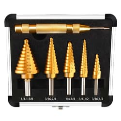 TEWORDA Step Drill Bit Set, 6 Pcs High-Speed Steel Step Drill Bit with Automatic Center Punch for Metal, Wood, Plastic, 50 Sizes HSS Step Bit with Aluminum Case for DIY Lovers, 1/8