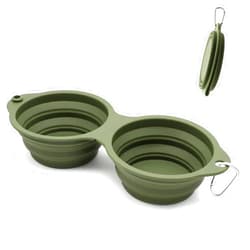 SLSON Collapsible Dog Bowls,Integrated Molding Dog Dual Bowls No Plastic Rim 2 in 1 Foldable Pet Food & Water Bowl Cat Feeder Dish for Walking,Hiking,Camping,Green
