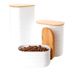 Mixpresso 3 Pcs White Canisters Sets For The Kitchen, Airtight Plastic Canister With Bamboo Lid, Coffee And Sugar Canister Set, Decorative Sugar Container, Kitchen Decor For Counter