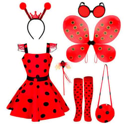 Janmercy 7 Pcs Ladybug Costume Girls Ladybug Dress with Polka Dots Tutu Dress Pretend Halloween Party Gift for Kids 3-8