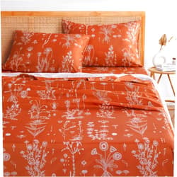 Wake In Cloud - Floral Bed Sheets, 4-Piece Sheet Set, Cute Botanical Shabby Chic Coquette Cottagecore Flower, Soft Microfiber Deep Pocket Bedding, Terracotta Orange, King Size