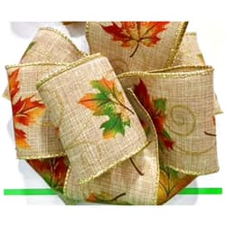 Eastoan Wired Edge Burlap Ribbon with Fall Themed Leaves and Gold Trim - 100% Polyester 10 Yards, 2.5