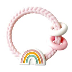 Itzy Ritzy Silicone Teether with Rattle; Rattle Teether Features Rattle Sound, Two Silicone Teething Rings and Raised Texture to Soothe Gums; Ages 3 Months and Up (Pink Rainbow)