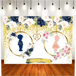 OFILA Gender Reveal Backdrop 7x5ft Navy and Blush He or She What Will Baby Be Gender Reveal Backdrop Boy or Girl Pregnancy Reveal Photography Background Baby Shower Backdrop Cake Table Decor