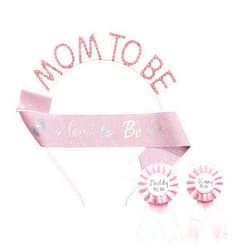 HEZEB Baby Shower Celebration Kit with Mom to Be Crown Headband Glittery Sash Mom and Dad to Be Badges Pink Theme for Showers Gender Reveals Maternity Photos