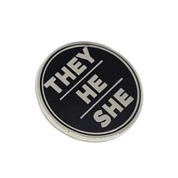 Hokum and Snark They He She Pronoun Pin Silver and Black Circular Hard Enamel Nonbinary Pronoun Button Badge