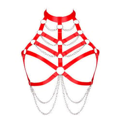 BANSSGOTH Women Plus Size Body Chain Punk Gothic Harness Bra Tops Cage Hollow Out Halter Belt Halloween Rave Clothing (Red)