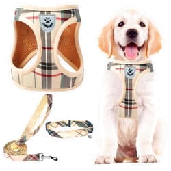 PUPTECK Adjustable Dog Harness Collar and Leash Set Step in No Pull Pet Harness for Small Medium Dogs Puppy and Cats Outdoor Walking Running, Soft Mesh Padded Reflective Vest Harnesses, Beige S