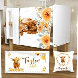 YISMEET Personalized Crib Bedding Set, Toddler Set with Name, 3 Pcs Highland Cattle Baby Crib Set for Infant Baby, Comfort and Cozy, Presents for Newborns
