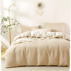 JELLYMONI Creamgrey Duvet Cover Queen Size - 3 Pieces Soft and Breathable Microfiber Knitted Jacquard Waffle Weave Striped Comforter Cover with 8 Corner Ties & Zipper Closure