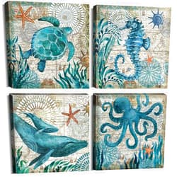 YOOOAHU Bathroom Wall Art Beach Decor Ocean Sea Turtle Octopus Canvas Pictures Coastal Room Decor Teal Bathroom Accessories Vintage Whale Seahorse Poster Modern Nautical Painting Bedroom Home Decorations