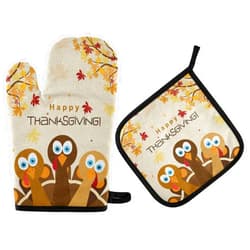 QUGRL Thanksgiving Turkeys Oven Mitts and Pot Holders Sets Heat Resistant Hot Pads Happy Autumn Cooking Gloves Handling Kitchen Cookware Bakeware BBQ