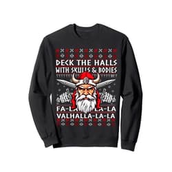 PositivityUp Designs Deck The Halls With Skulls And Bodies Funny Viking Christmas Sweatshirt
