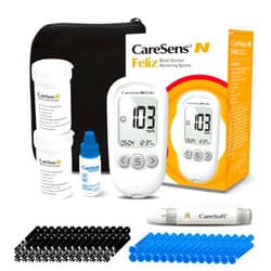 CareSens N Feliz Blood Glucose Monitoring Kit with 100 Blood Sugar Test Strips, 100 Lancets, 1 Blood Glucose Meter, 1 Lancing Device, 1 Control Solution, Travel Case for Diabetes Testing Kit