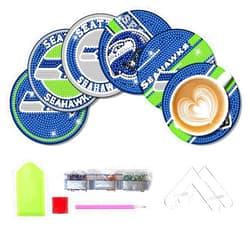 Aimeryup 6 Pcs Diamond Paintings Coasters Kits with Holder,DIY Football Diamond Art Coasters for Adults Kids, Diamond Dot Kits for Seattle Craft Gifts