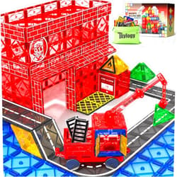 Toylogy Magnetic Tiles Road Set with Magnetic Crane Edition Car Toys, Magnet Building City Fire Kids Toys for 3 4 5 6 7 Years Old Boys Girls, Magworld Kids Games Construction STEM Toys for Boys Girls Gifts