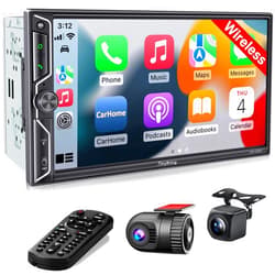 SJOYBRING [QLED Screen Upgrade] Double Din Car Stereo with Dash Cam, Wireless Apple CarPlay and Android Auto, Bluetooth 5.3, 4.2-Channel Audio Output, MirrorLink, Backup Camera, AM/FM Car Radio