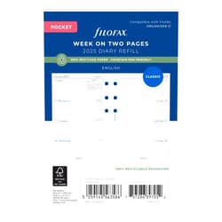 Filofax Calendar Diary Refill, Pocket Size, Week-to-View, White Paper, Unruled, English, 2025 (C68221-25)